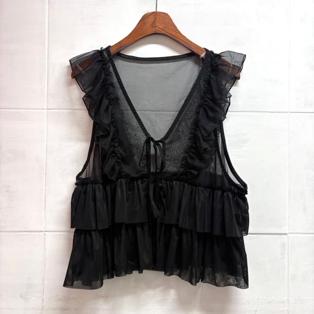 Rivietta 블랙 시스루 프릴 리본 베스트 