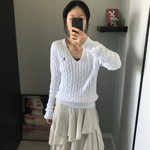 폴로 랄프로렌 포니로고 QR코드택 케이블 브이넥 니트