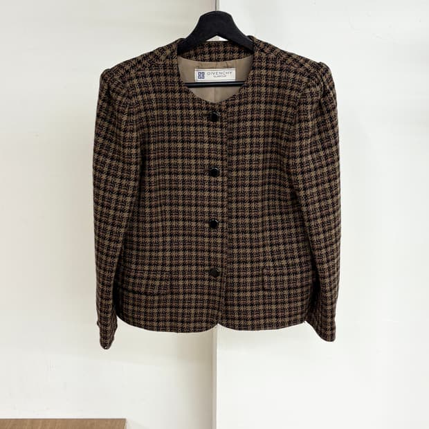 지방시 브라운 체크 논카라 울 자켓