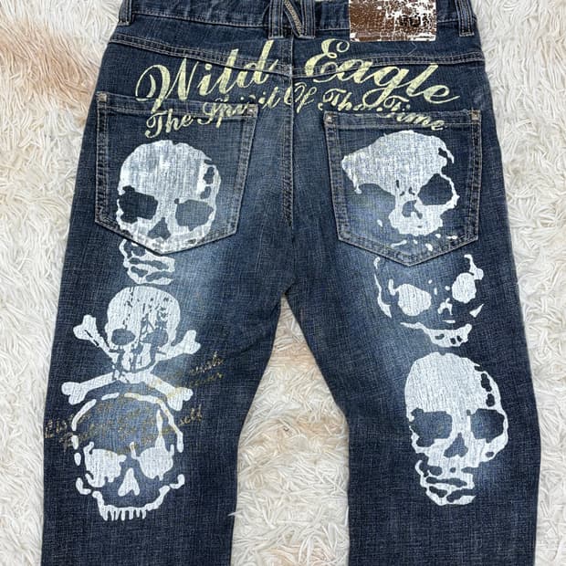 00s 스터드, 해골 디테일 락시크 펑크 와투케 슬림핏 데님팬츠 해골