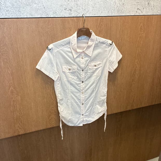 빈티지 반팔 셔츠 플랩 포켓 셔링 버튼 견장 디테일 핑크 k458