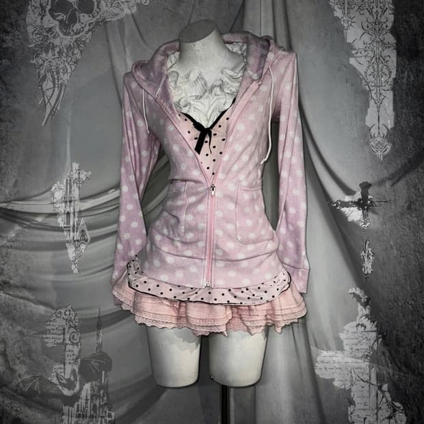 핑크 히메갸루 도트 아이렛 디테일 코디세트 