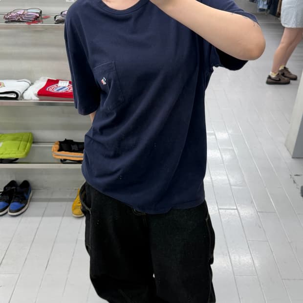 메종 키츠네 트리콜로러 폭스 패치 포켓 반팔 티셔츠 네이비