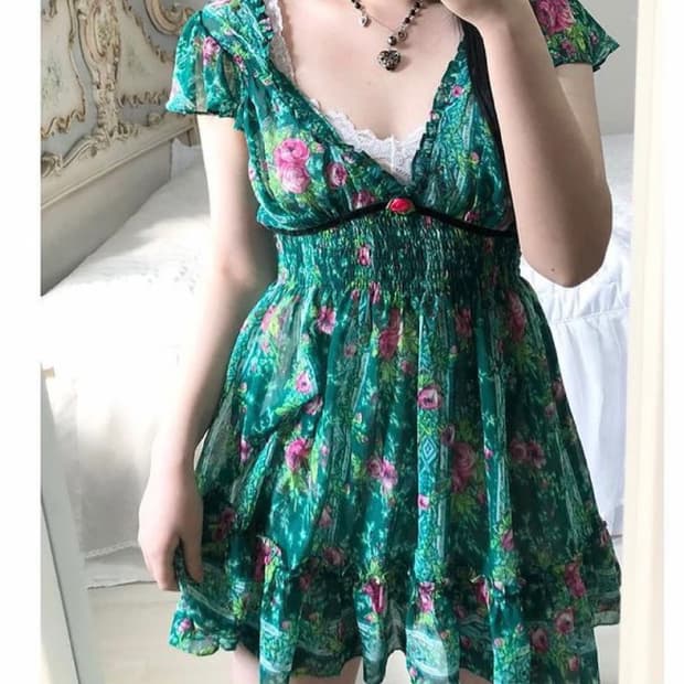 스완빈티지 그린 로즈 쉬폰 원피스