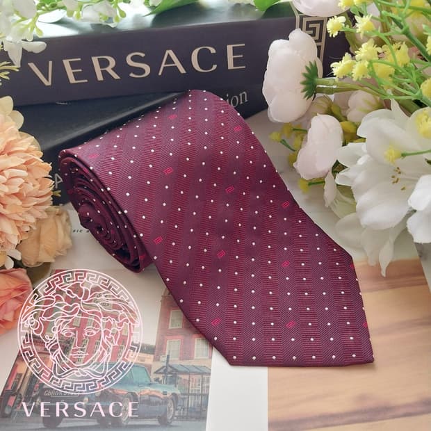 베르사체 실크 와인 도트 로고 패턴 넥타이 8.6cm A+등급 K1588