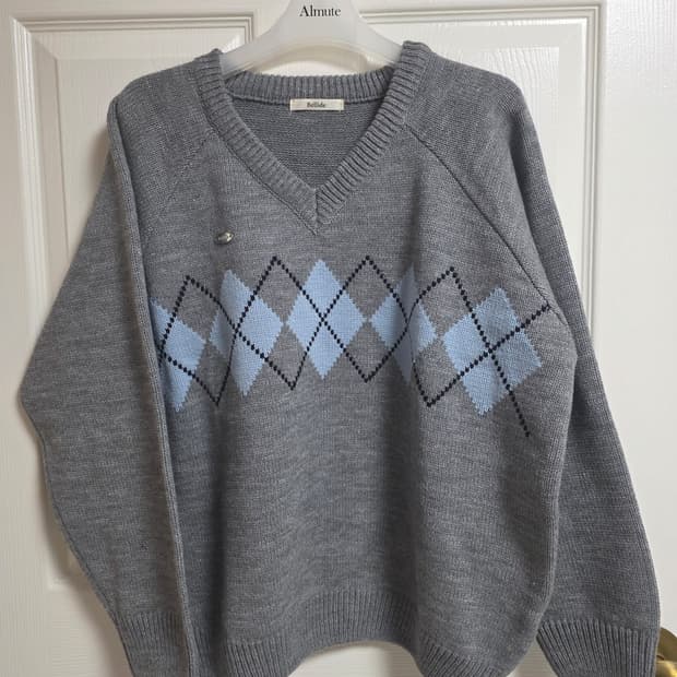 브이넥 아가일 니트 - 그레이