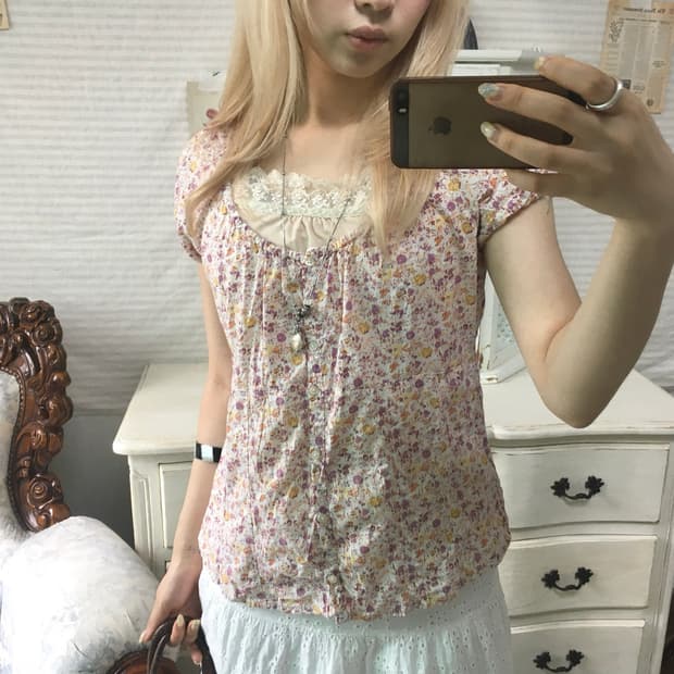 jpn vintage 핀터레스트 잔꽃 오프숄더 퍼프 블라우스