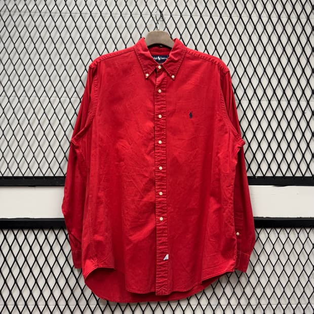 폴로 랄프로렌 솔리드 긴팔 셔츠 네이비 포니 포인트 레드