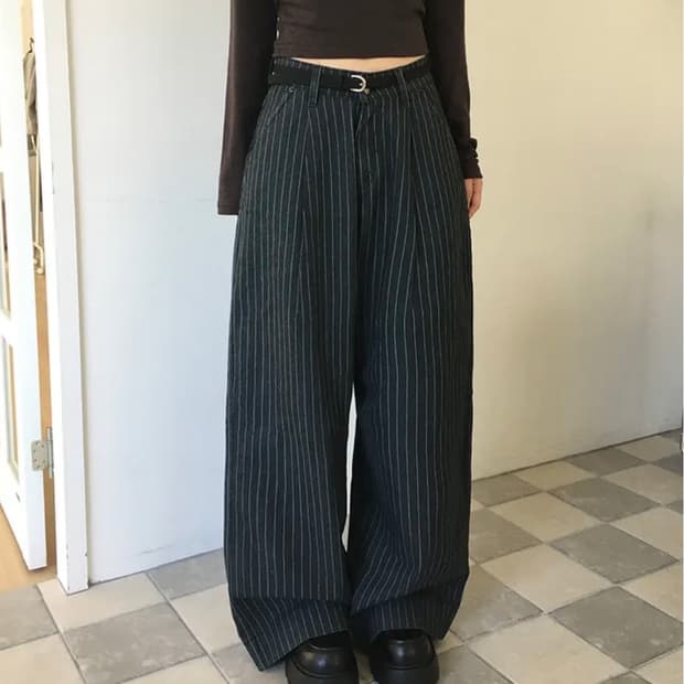 더블콩 코이뮤 클로 핀턱 스트라이프 팬츠 m