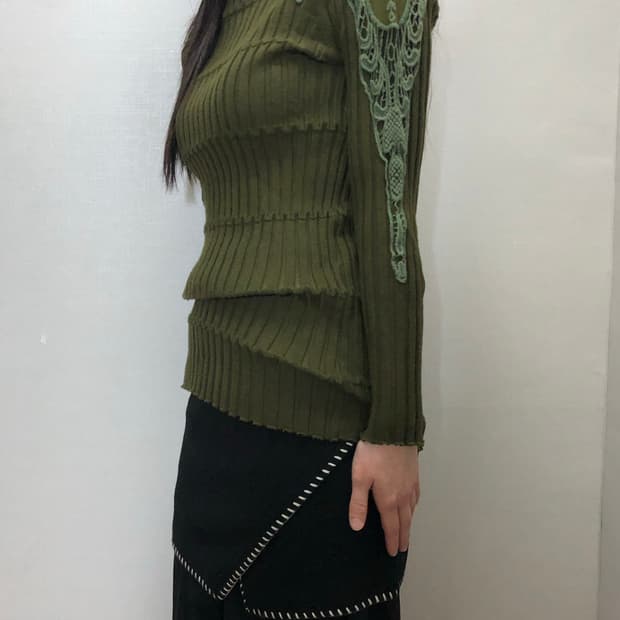 빈티지 카키 레이스 니트