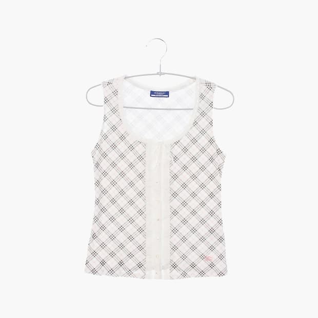 버버리 블루라벨 흰핑크 노바체크 리본 민소매 나시탑슬리브리스대장템히메갸루