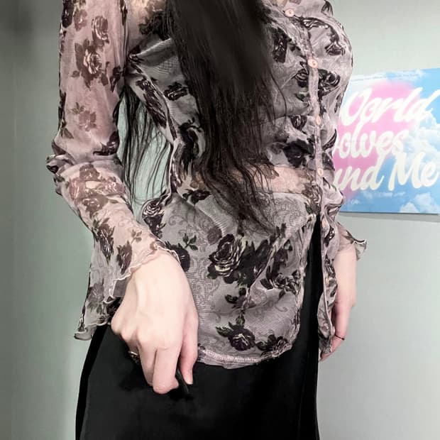 퍼플 엔틱 에스닉 고딕 로즈 장미 프릴 레이스 셔링 쉬폰 가디건 블라우스