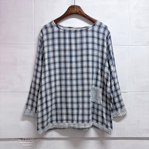 체크 코튼 포켓 러블리 모리걸 블라우스 JPN