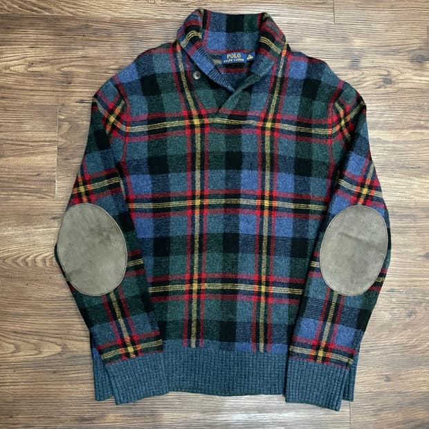 폴로 랄프로렌 엘보패치 숄카라 타탄 울 스웨터 니트