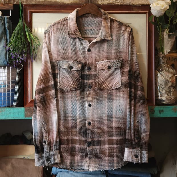 90s 빈티지 체크셔츠 헤비 플란넬 워크셔츠 썬페이딩 핑크 블랙 m