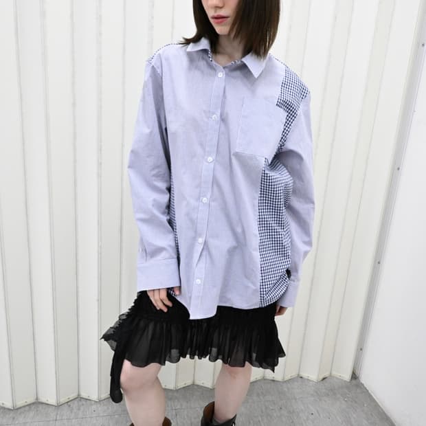 sakk 싹 비대칭 오버핏 블루 체크 셔츠