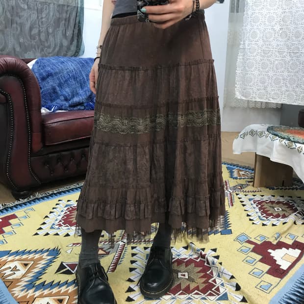 빈티지 밴딩 레이스 디테일 스웨이드 스커트 