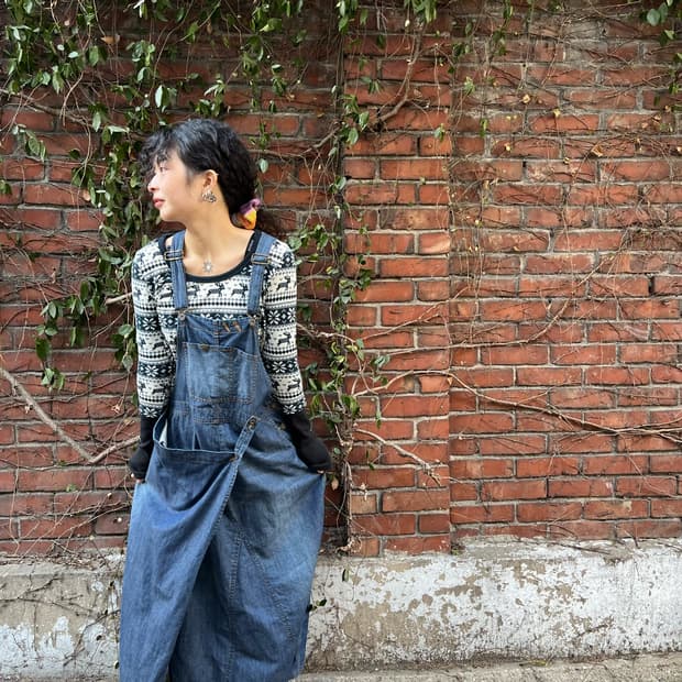 블루 데님 멜빵 롱 원피스