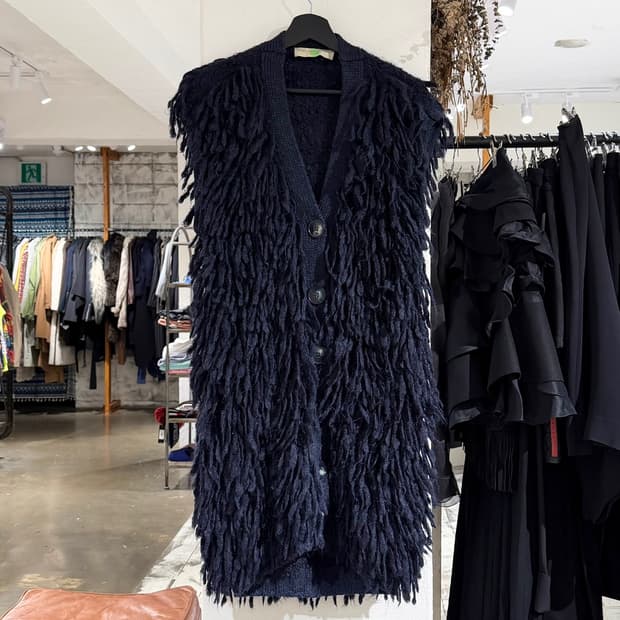 스텔라 매카트니 네이비 울 알파카 프린지 슬리브리스 가디건