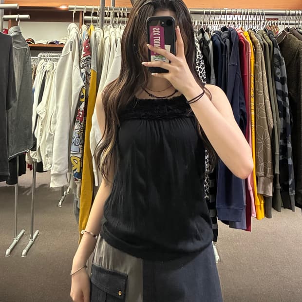 M)Japanese vintage 여성 레이스 디테일 블랙 나시