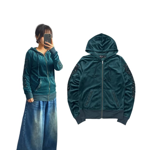 벨벳 Y2K 사이드 큐빅 후드집업