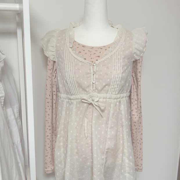 일본빈티지 모리걸 핑크플라워 도트 세트