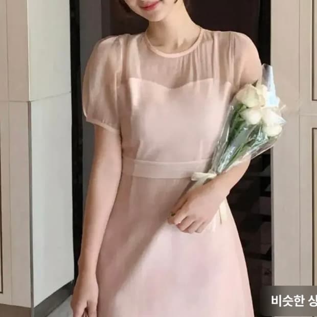 아뜨랑스 리본 오간자 반팔 롱 원피스