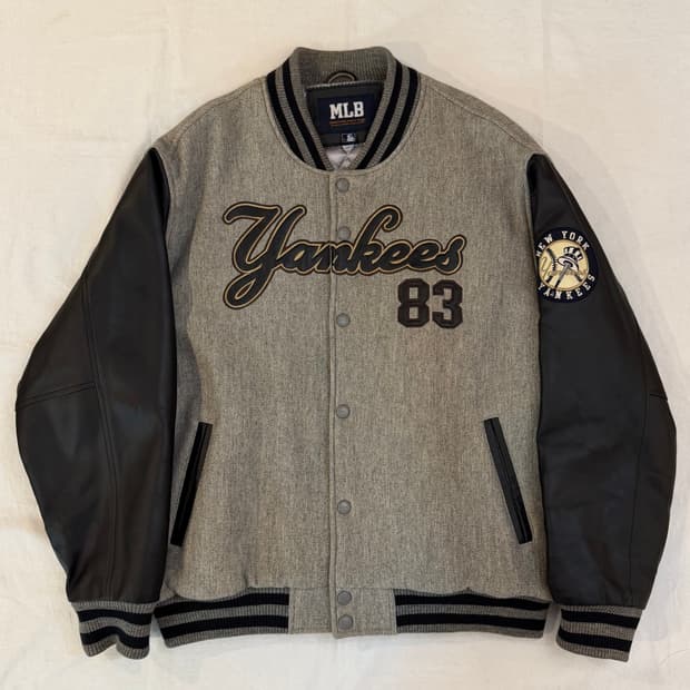 00s MLB 뉴욕 양키스 소가죽 바시티 자켓 그레이 블랙