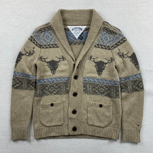 타미힐피거 노르딕패턴 울 니트 숄카라 가디건 베이지