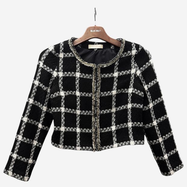 Cecil McBee 세실맥비 체크 크롭 트위드자켓 보카시 부클 금장체인