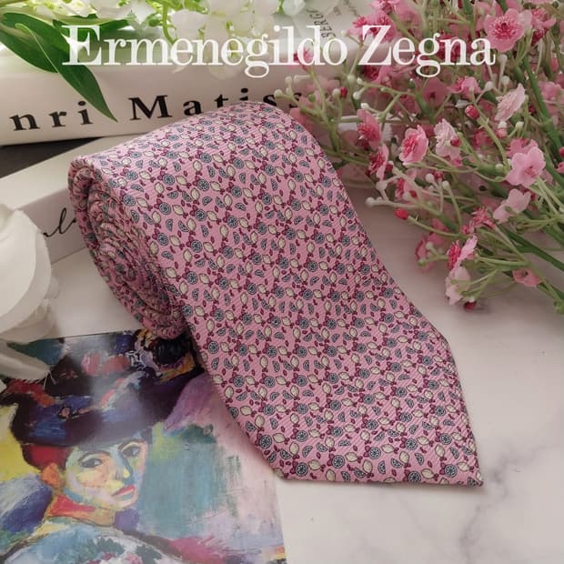 제냐 실크 핑크 레몬 패턴 넥타이 8.4cm A+등급 K1634
