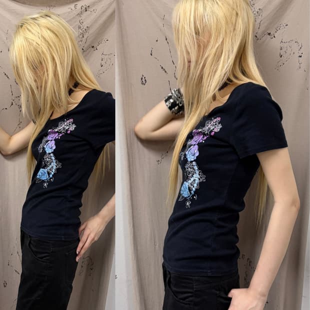 [Maunaba]Oriental Print Slim Fit Tee