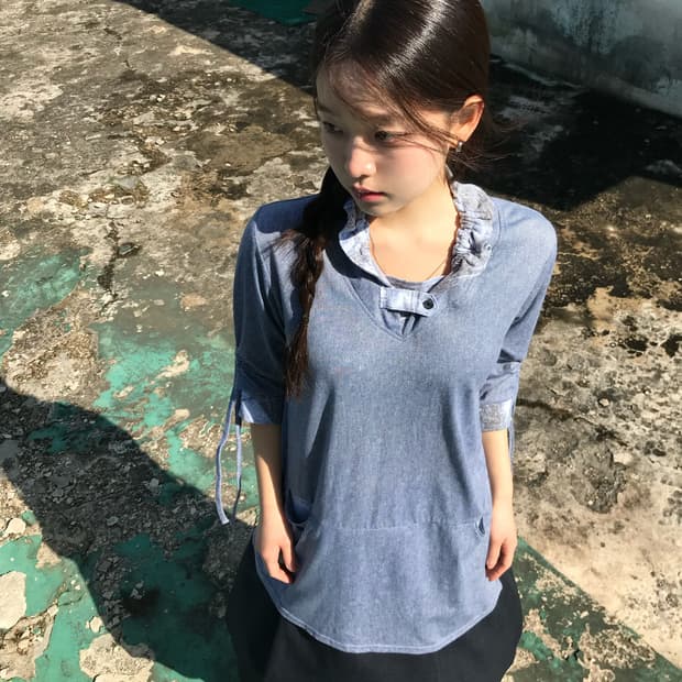 블루 스트링 소매 원피스 