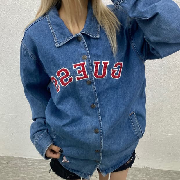 게스 y2k 센터로고 똑딱이 청자켓 L