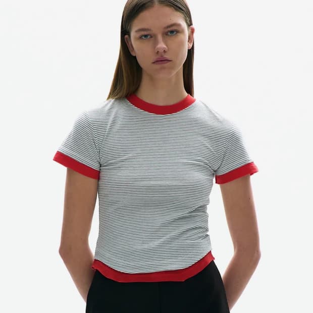 파르티멘토 우먼 더블 레이어드 숏 슬리브 티_라이트 그레이