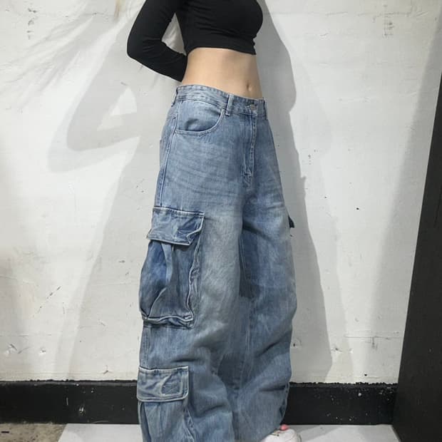 빈티지 연청 대대장 와이드 데님 카고 팬츠 멀티 포켓 캣워싱 청바지 M