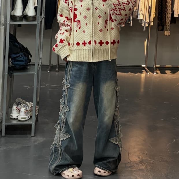 앤드모어 노르딕패턴 니트 후드집업 A2960