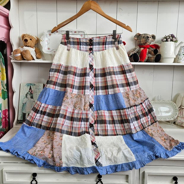 패치워크 체크 플레어 스커트