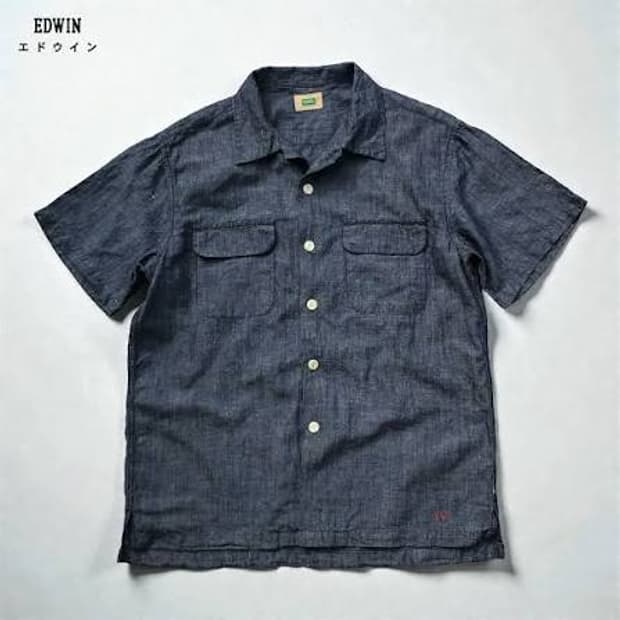 에드윈 리넨 코튼 블루 워시드 하프 셔츠
