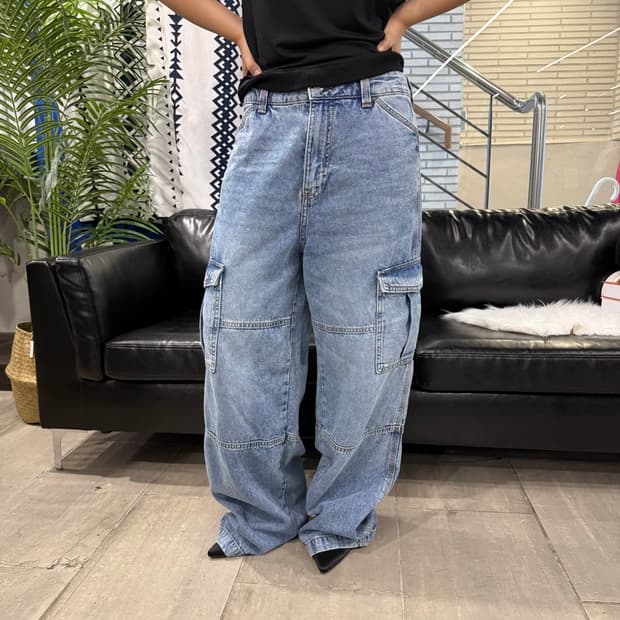 Vintage 와이드 핏 카고 데님 팬츠