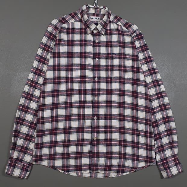 M (95) 바버 알더튼 플란넬 버튼다운 다체크 셔츠 에크루 테일러드핏