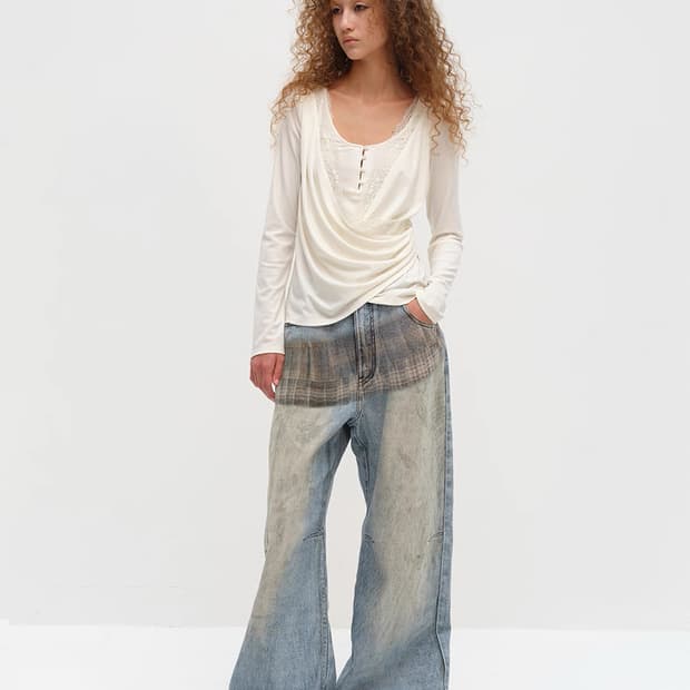 SQUARE CIRCLE 체크 프린트 데님 팬츠