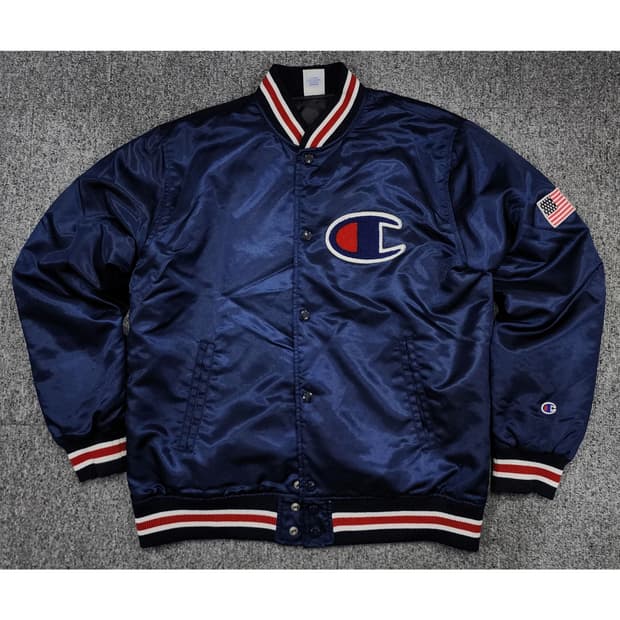 챔피온 재팬 빅로고 성조기 패치 새틴 스타디움 바시티 자켓 L