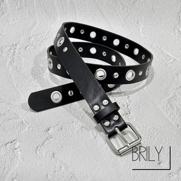 [Unisex] ANDY2 아일렛 티니 스터드 가죽 벨트 블랙