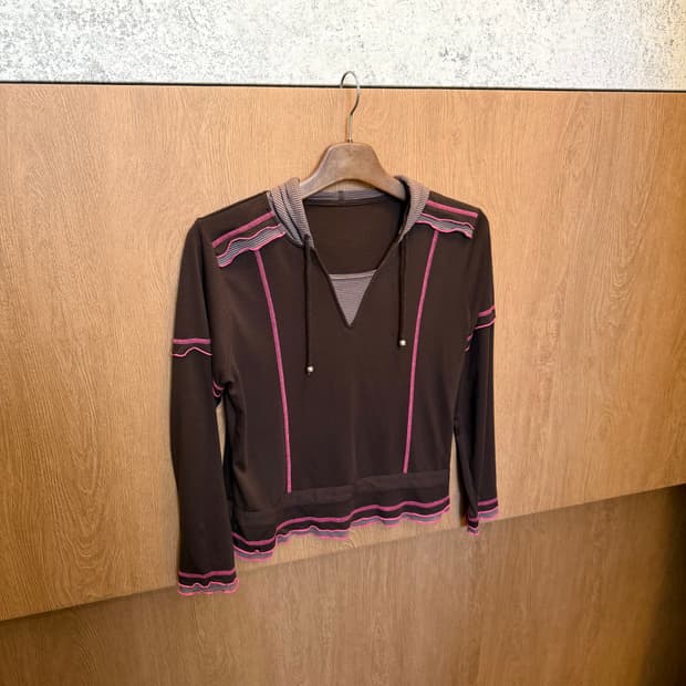 빈티지 후드 티셔츠 스포티 배색 핑크 스티치 디테일 브라운