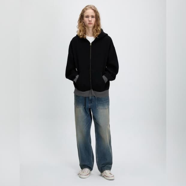 [택포](L) 카키스 와플 풀집 후디 블랙