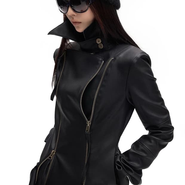 하이넥 슬림핏 레더 자켓