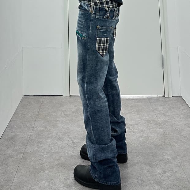 NONE vintage check fake layered denim pa
