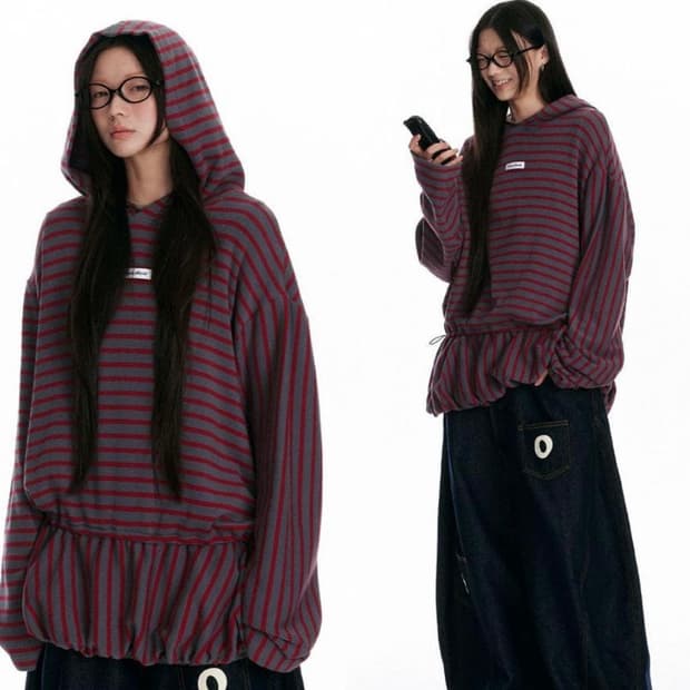 JIKOO 지쿠 후드 스트라이프 긴팔티