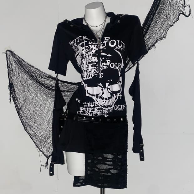 ꒰ঌ 어딕트랩 펑크 고스 스컬 레이어드 롱슬리브 ໒꒱